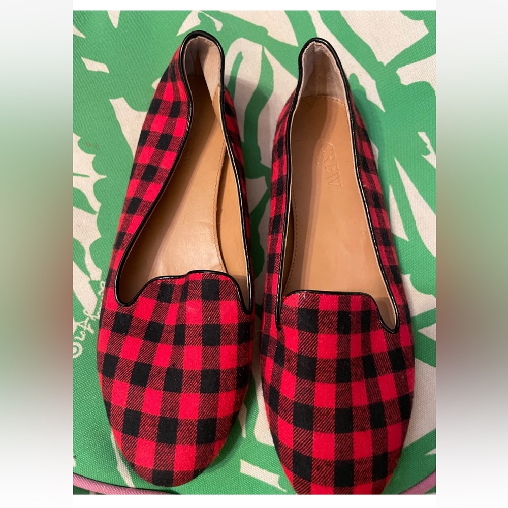 JCREW FACTORY BUFFALO CHECK RED BLACK PLAID FLATS LOAFERS SHOES 7.5